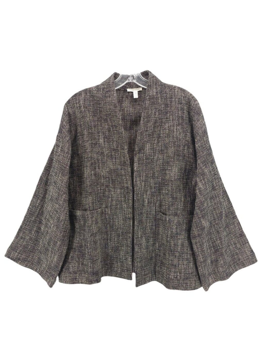 EILEEN FISHER Open Jacket Organic Cotton Linen Woven Black Tan EUC Size MEDIUM